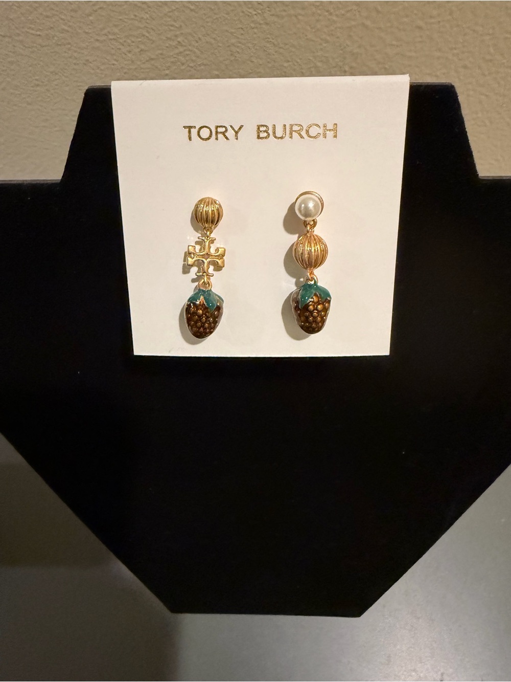 Tory Burch Gold-Tone Strawberry Drop Earrings with Green Enamel